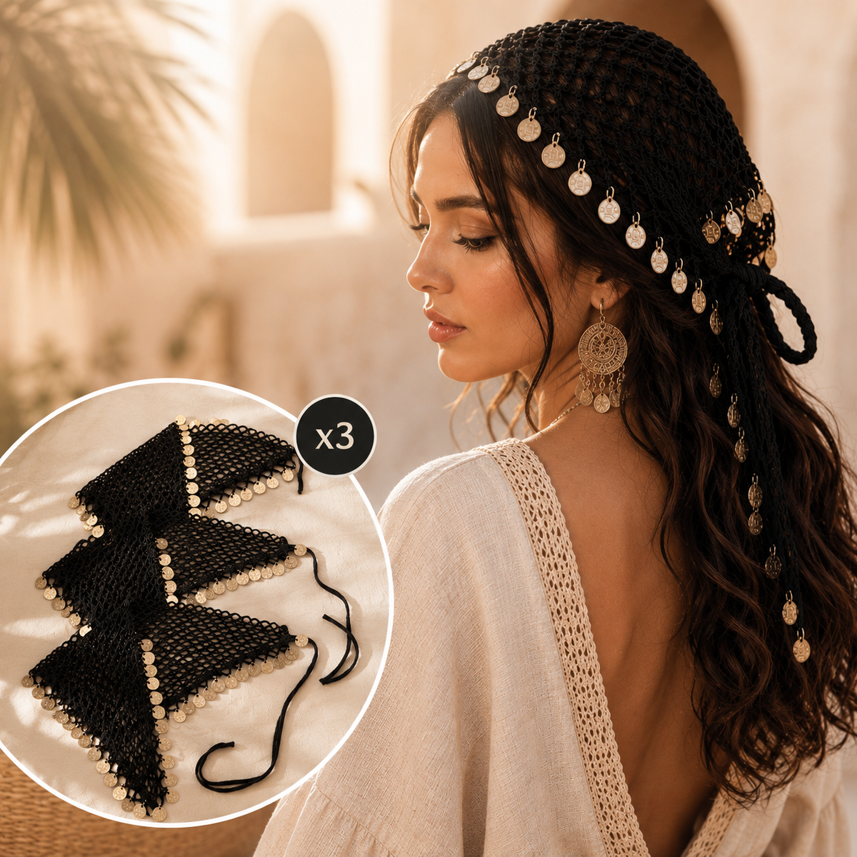Lot de 3 Bandanas Crochet Noirs pour Cheveux – Style Bohème Chic